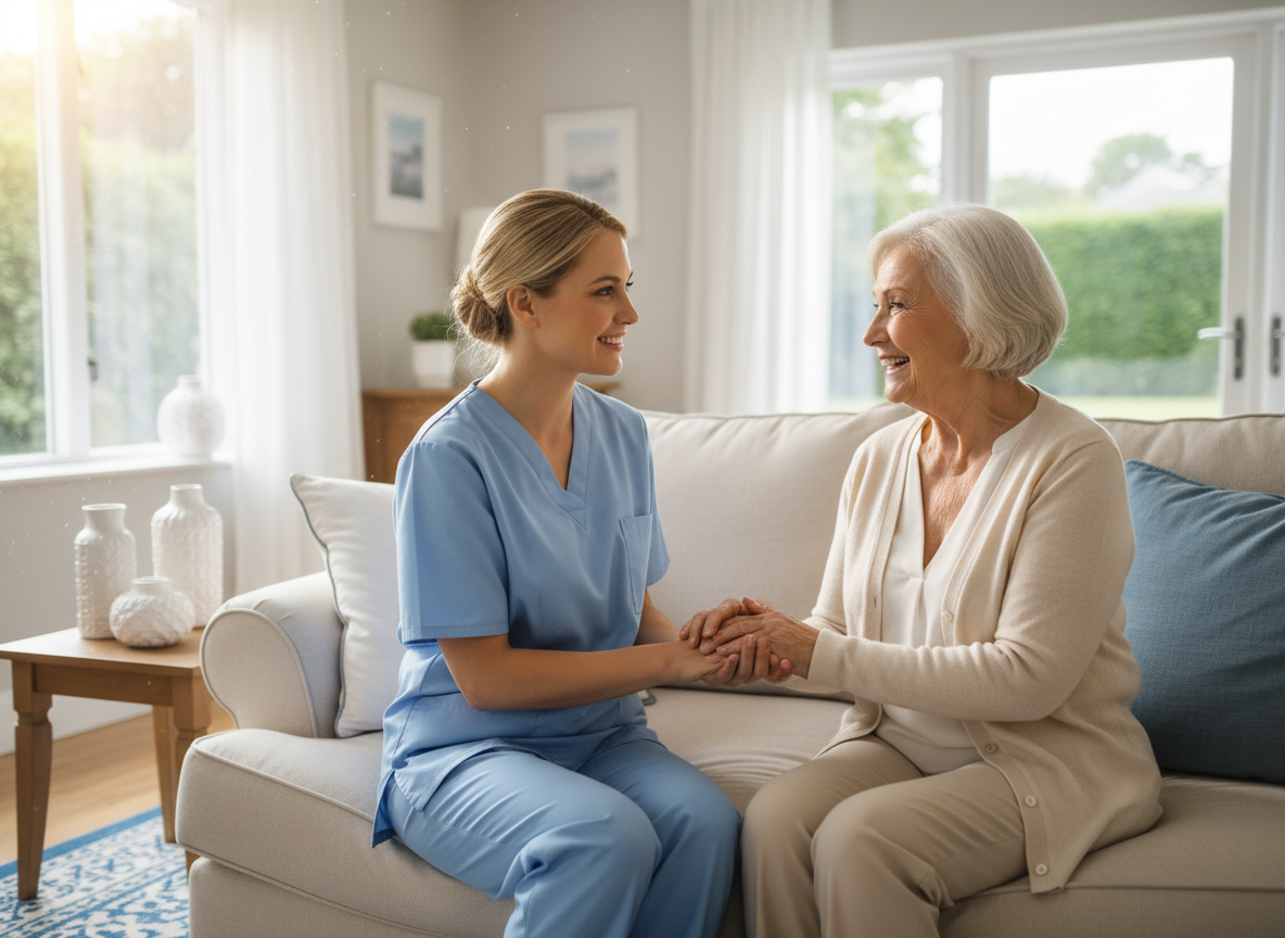 A warm, calming photograph of a friendly female caregiver in soft blue scrubs gently holding hands with a smiling elderly woman in a bright, sunlit living room.