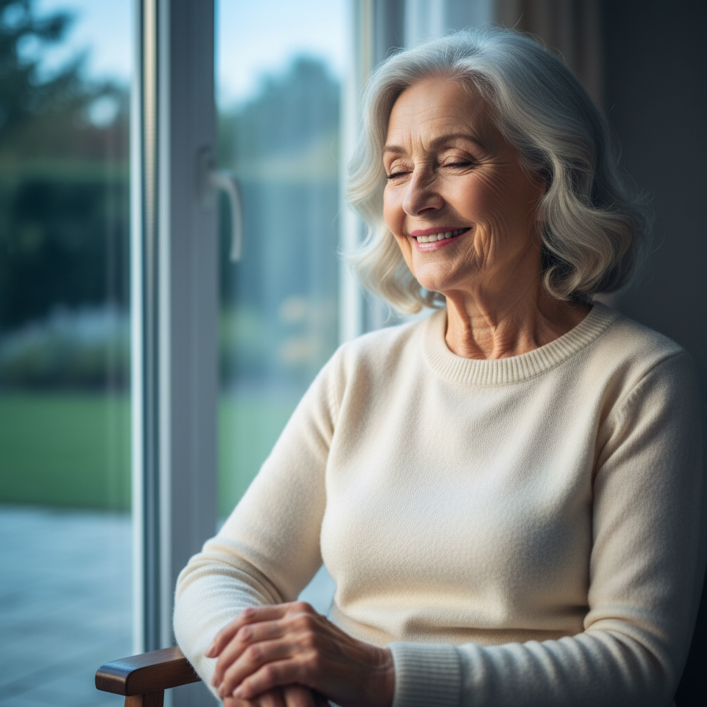 A serene portrait of a content elderly woman with silver hair smiling gently by a window with soft blue light.
