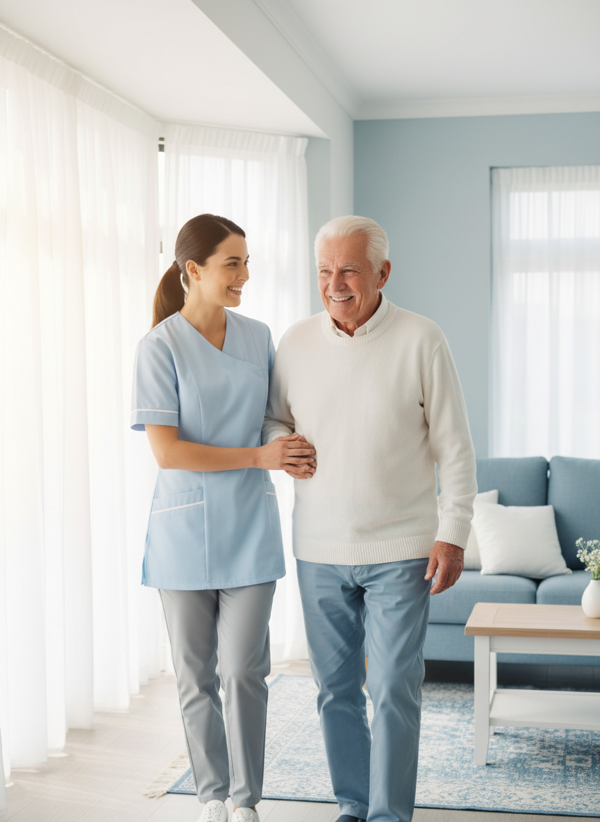 A caring young caregiver assisting a happy senior man walking in a light-filled home, both smiling warmly.